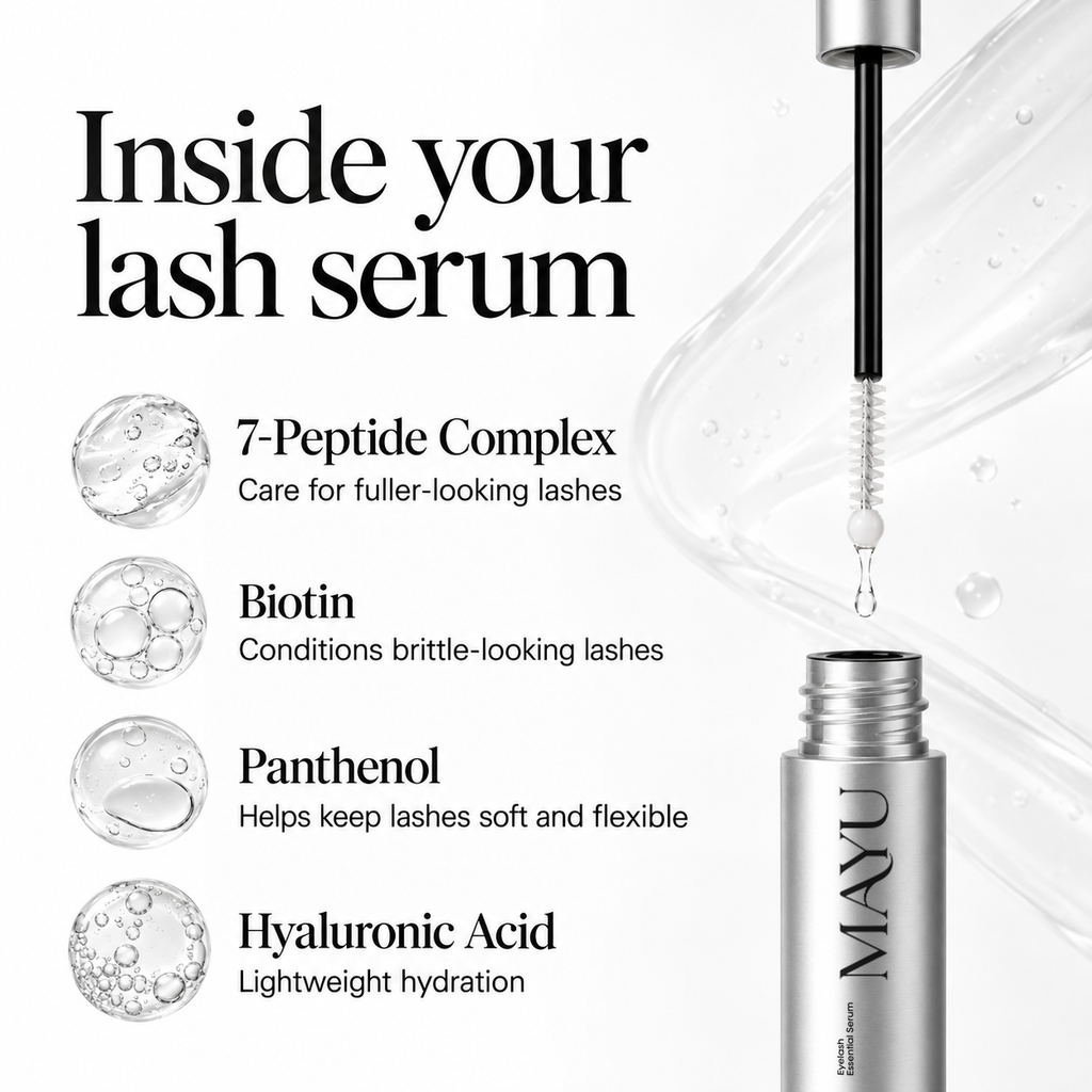 Mayu lash serum ingredients: 7-peptide complex, biotin, panthenol and hyaluronic acid