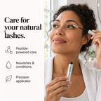 Woman applying Mayu eyelash serum, with peptide care, conditioning and precision applicator benefits