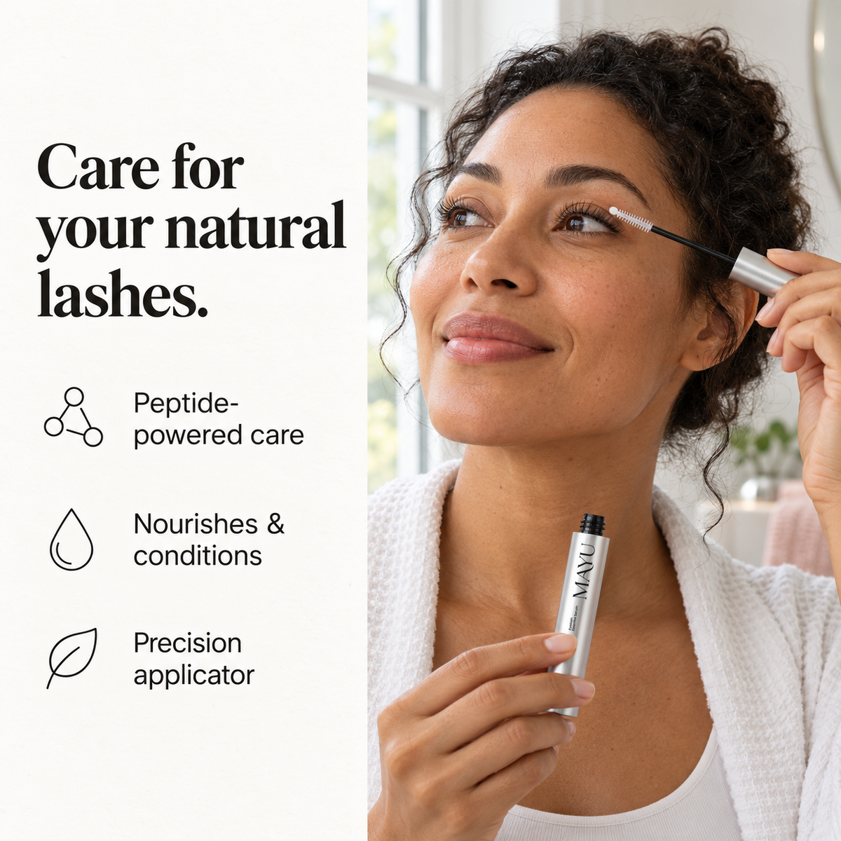 Woman applying Mayu eyelash serum, with peptide care, conditioning and precision applicator benefits