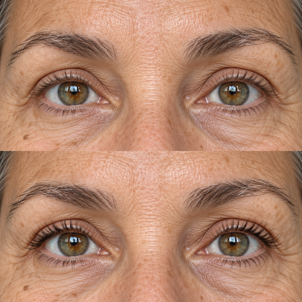 Close-up of mature lashes before and after a nightly lash serum routine