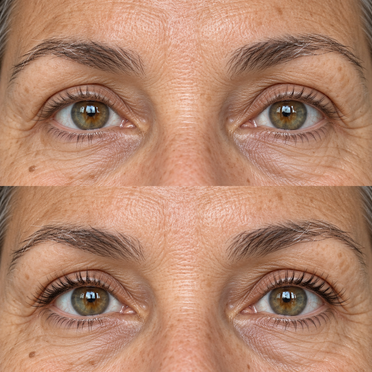 Close-up of mature lashes before and after a nightly lash serum routine