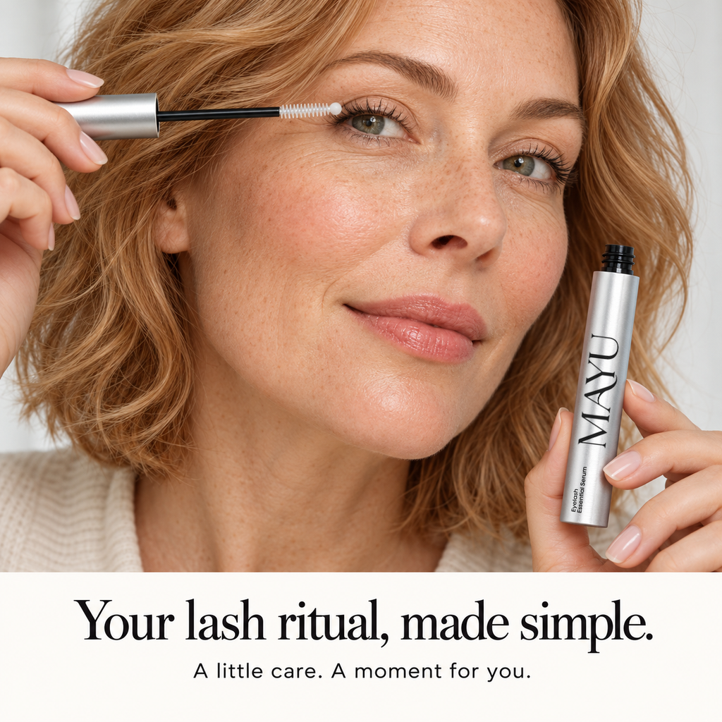 Woman applying Mayu eyelash serum as part of her nightly routine