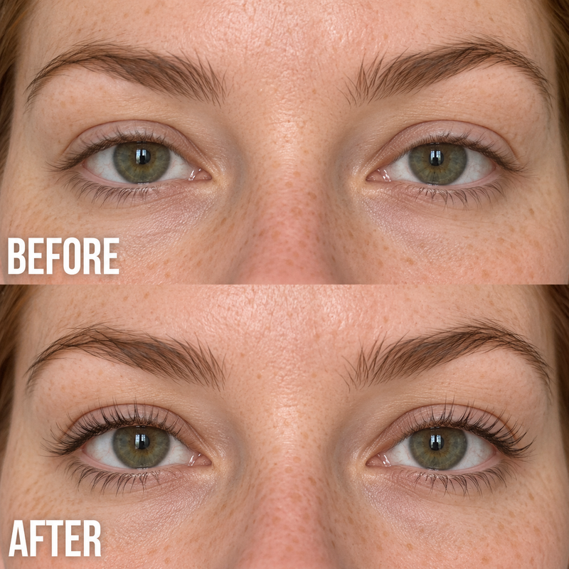 Before and after photo of lashes from a Mayu eyelash serum review