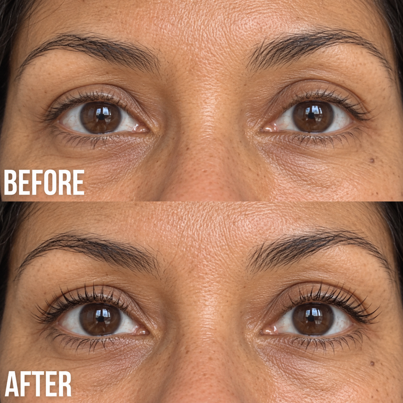 Before and after photo of lashes from a Mayu eyelash serum review