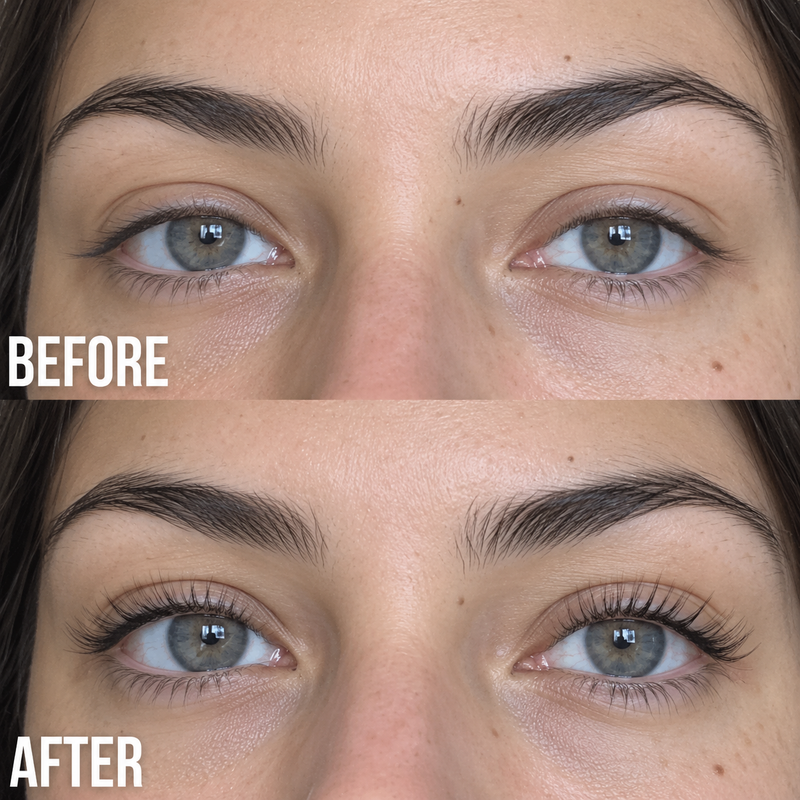 Before and after photo of lashes from a Mayu eyelash serum review